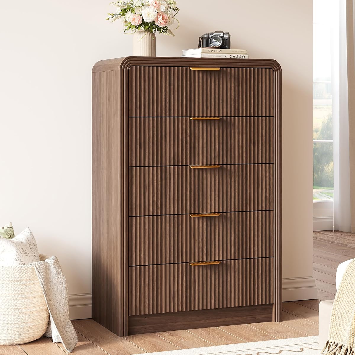 48" H Fluted 5-Drawer Dresser for Bedroom, Walnut