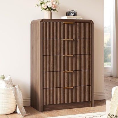 48" H Fluted 5-Drawer Dresser for Bedroom, Walnut