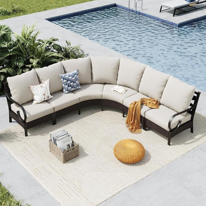 Patio Furniture Set, 6 Seats Half-Moon Curved Outdoor Sectional Sofa Conversation Set, Woven Rattan Patio Couch for Backyard, Garden, Deck