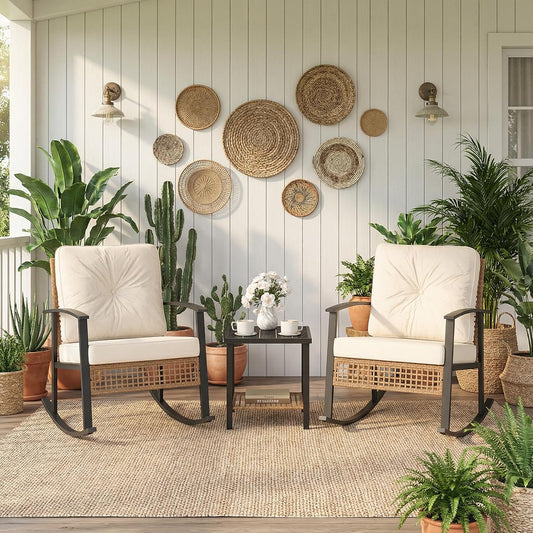 3-Piece Outdoor Rocking Chairs Bistro Set, Rattan Patio Furniture with Thick Warm Beige Cushions & 2-Tier Storage Coffee Table for Garden, Porch, Balcony,Backyard