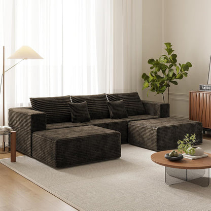 110" U Shaped Sectional Sofa with 2 Ottomans, Modular Corduroy Boneless Cloud Couch, Oversized Deep Seat Sofa for Living Room, Flexible Combination Design, No Assembly Required