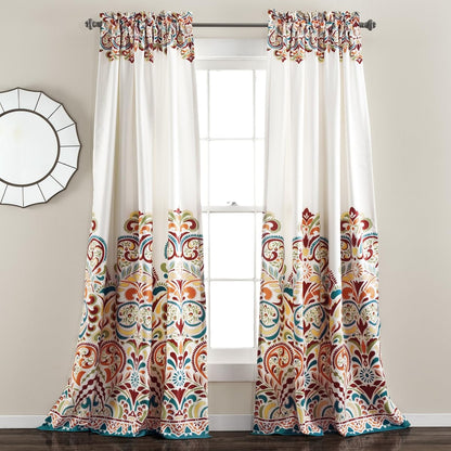 Clara Curtains Paisley Damask Print Bohemian Style Light Filtering Window Panel Set for Living, Dining, Bedroom (Pair), 52" W x 95" L, Turquiose & Tangerine