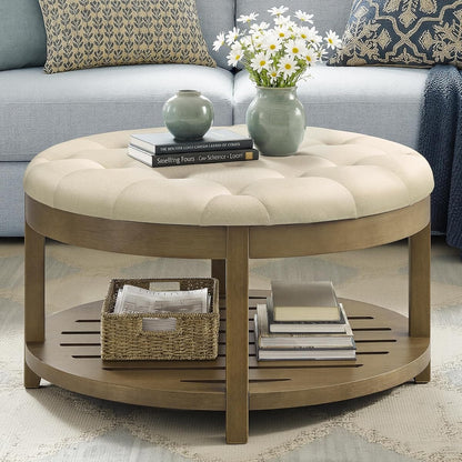 SONGMICS Storage Ottoman with Solid Wood Frame, Round Upholstered Ottoman Coffee Table, Footrest, Tufted Cushion, for Living Room, Easy Assembly, 31.5 x 31.5 x 17.7 Inches, Summer Sand ULSF053LF01