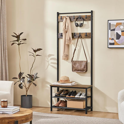 3-In-1 Hall Tree Coat Rack Shoe Bench with 9 Hooks and Storage Shelf, Industrial Entryway Storage Shelf Bench, Easy Assembly, Rustic Brown