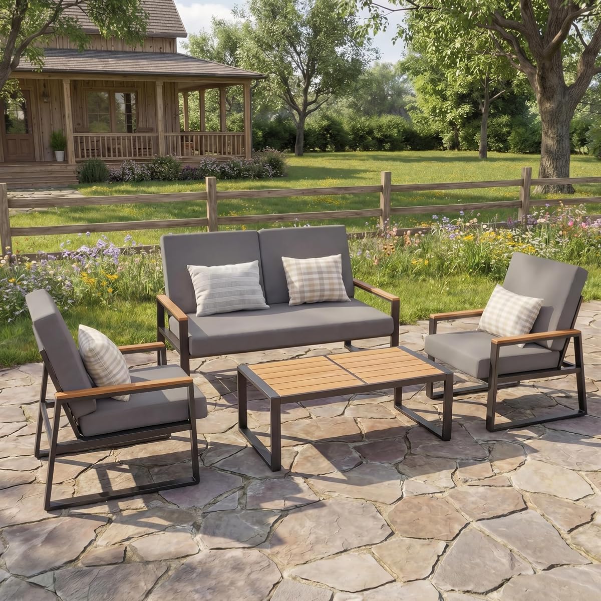 4-Piece Outdoor Patio Furniture Set with Coffee Table and Removable Cushions, Metal Patio Conversation Set for Family, Yard, Poolside (Gray)