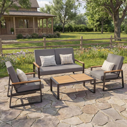 4-Piece Outdoor Patio Furniture Set with Coffee Table and Removable Cushions, Metal Patio Conversation Set for Family, Yard, Poolside (Gray)