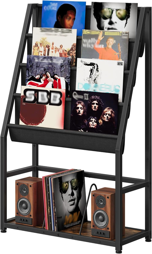 47.8" H Vinyl Record Storage Holder Rack with Display Shelf, 5-Tier Record Player Stand with Oxford Fabric Slots, Vinyl Record Organizer for Records, Magazines, Black and Rustic Brown TCW05BF