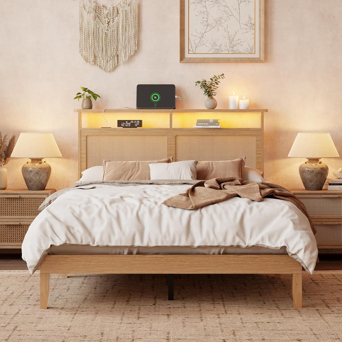 Boho Full Bed Frame with Rattan Headboard, LED, Charging & Storage