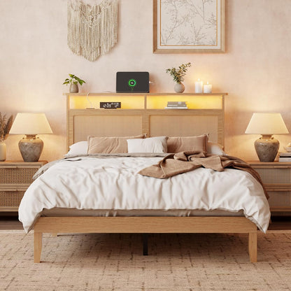Boho Full Bed Frame with Rattan Headboard, LED, Charging & Storage