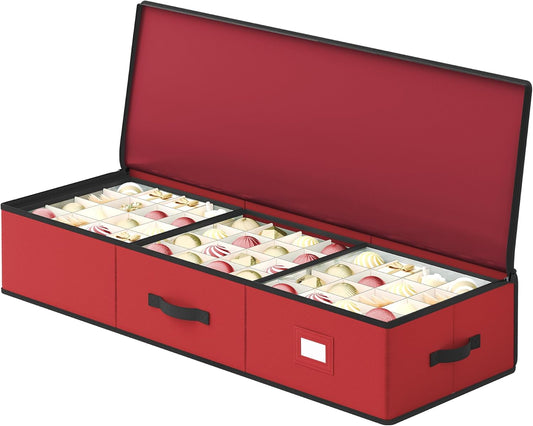Christmas Ornament Storage Box, 96 Slots of 3 Inches, 38 X 13.2 X 6.9 Inches, Bauble Storage Box with Dividers, Oxford Fabric, Zippers, Side Handles, under the Bed, Cherry Red URFB042R01