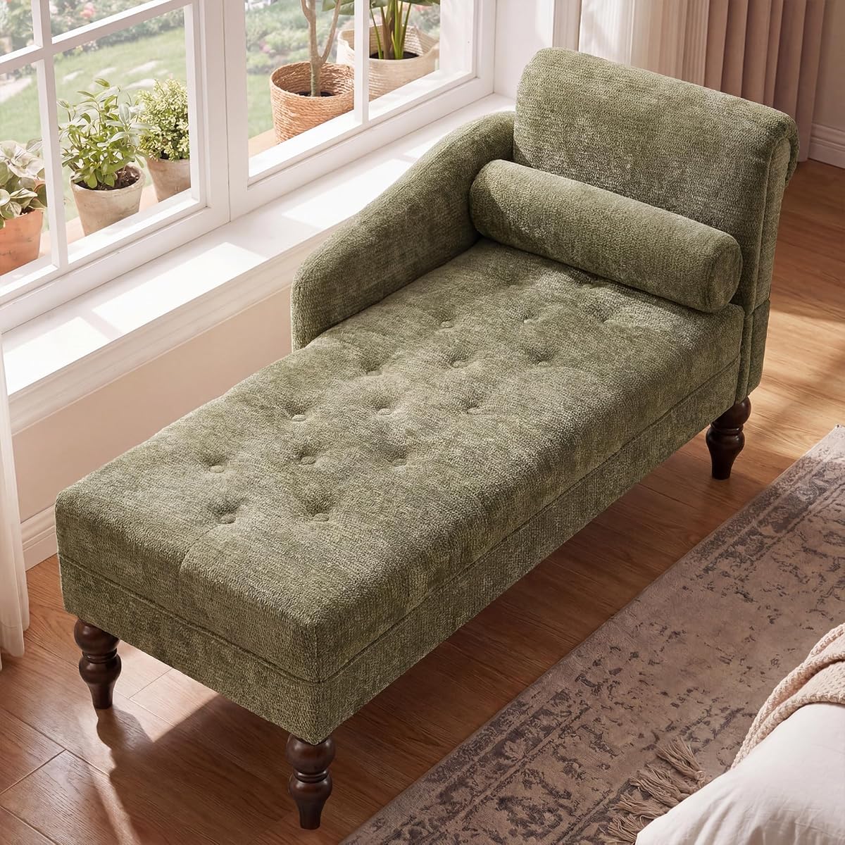 Chaise Lounge Chair Indoor with Right Armrest, Chenille, Green