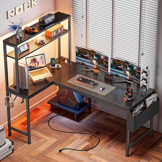 L Shaped Gaming Desk with LED Lights & Power Outlets
