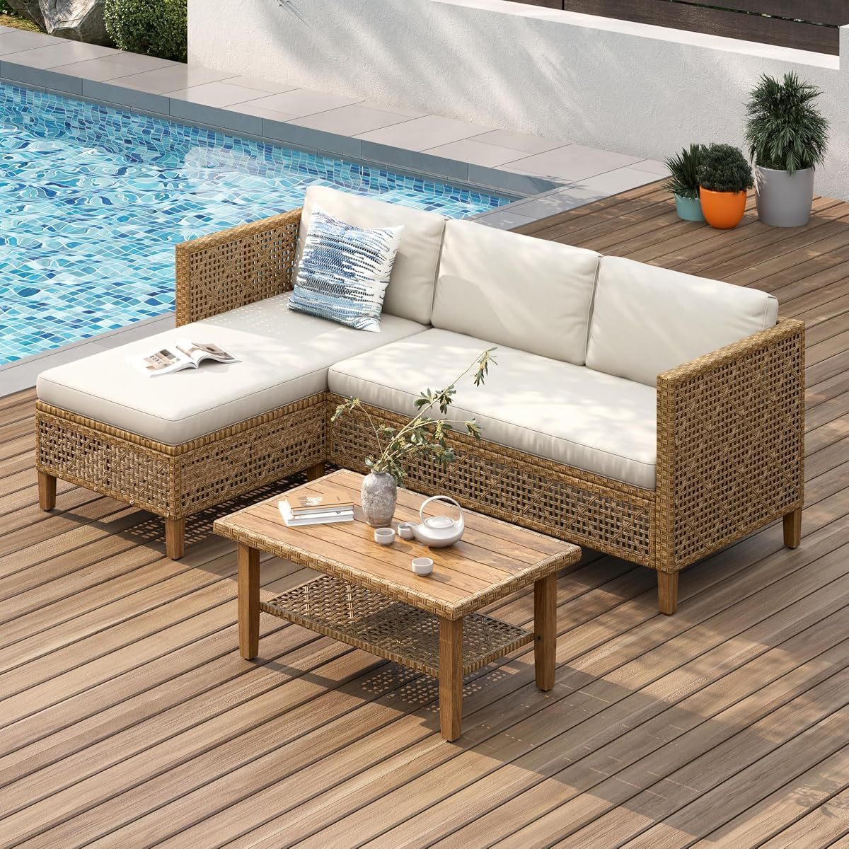 Outdoor Sectional Couch, Wicker Patio Furniture Set with Acacia Wood Coffee Table, L-Shape Small Outdoor Conversation Corner Sofa Set for Deck Porch, Beige