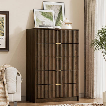 Walnut Dresser for Bedroom, Tall Dresser with 5 Drawers and Smooth Slides