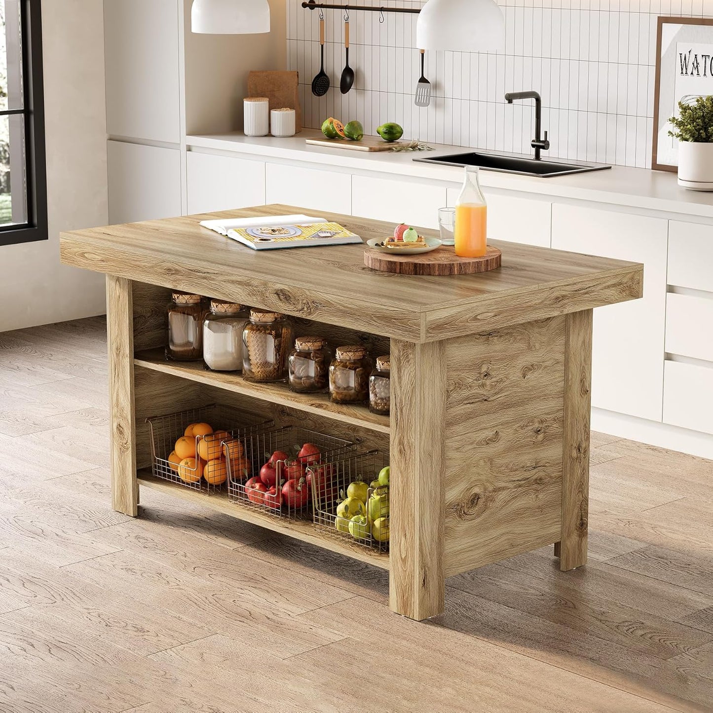 55 Inches Kitchen Island with Storage, 3-Tier Farmhouse Wooden Stationary Island Table with Large Worktop & Leg Room, Modern Coffee Bar Table with Storage Shelf for Kitchen, Oak