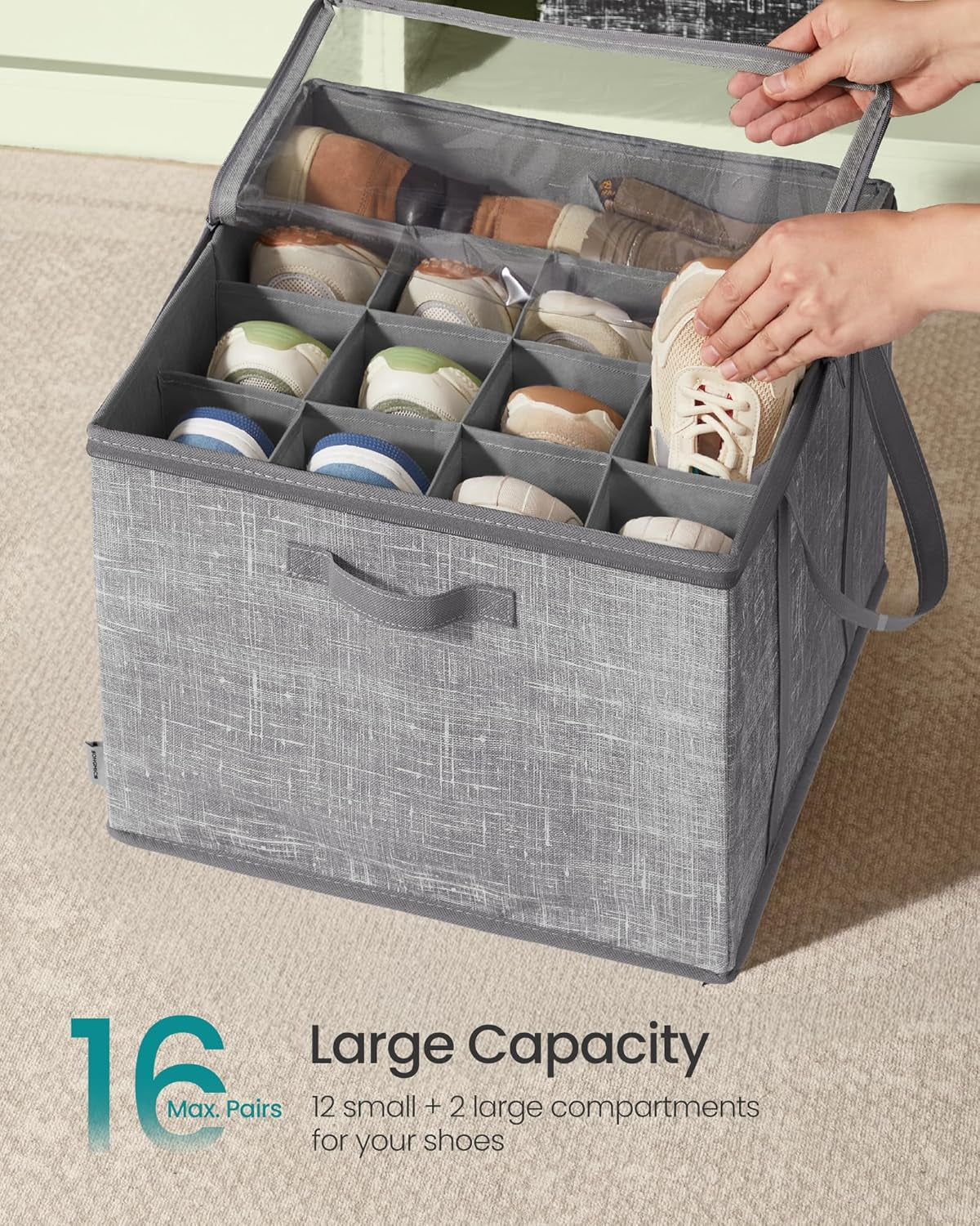 Set of 2 Shoe Organizers for Closet, Fits 16 Pairs Each, Shoe Storage Bins, Fabric Containers with Handles and Clear Cover, for Bedroom, Entryway, Closet, Cattail Gray ULSP602G01