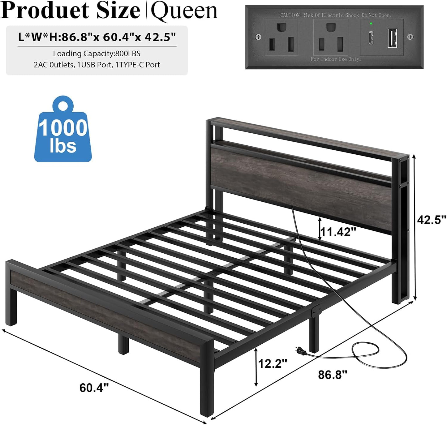 Queen Size Bed Frame with Storage Headboard and LED Lights, Industrial Platform Bed with Charging Station, Heavy Duty Metal Slats, No Box Spring Need, Noise Freee, Grey