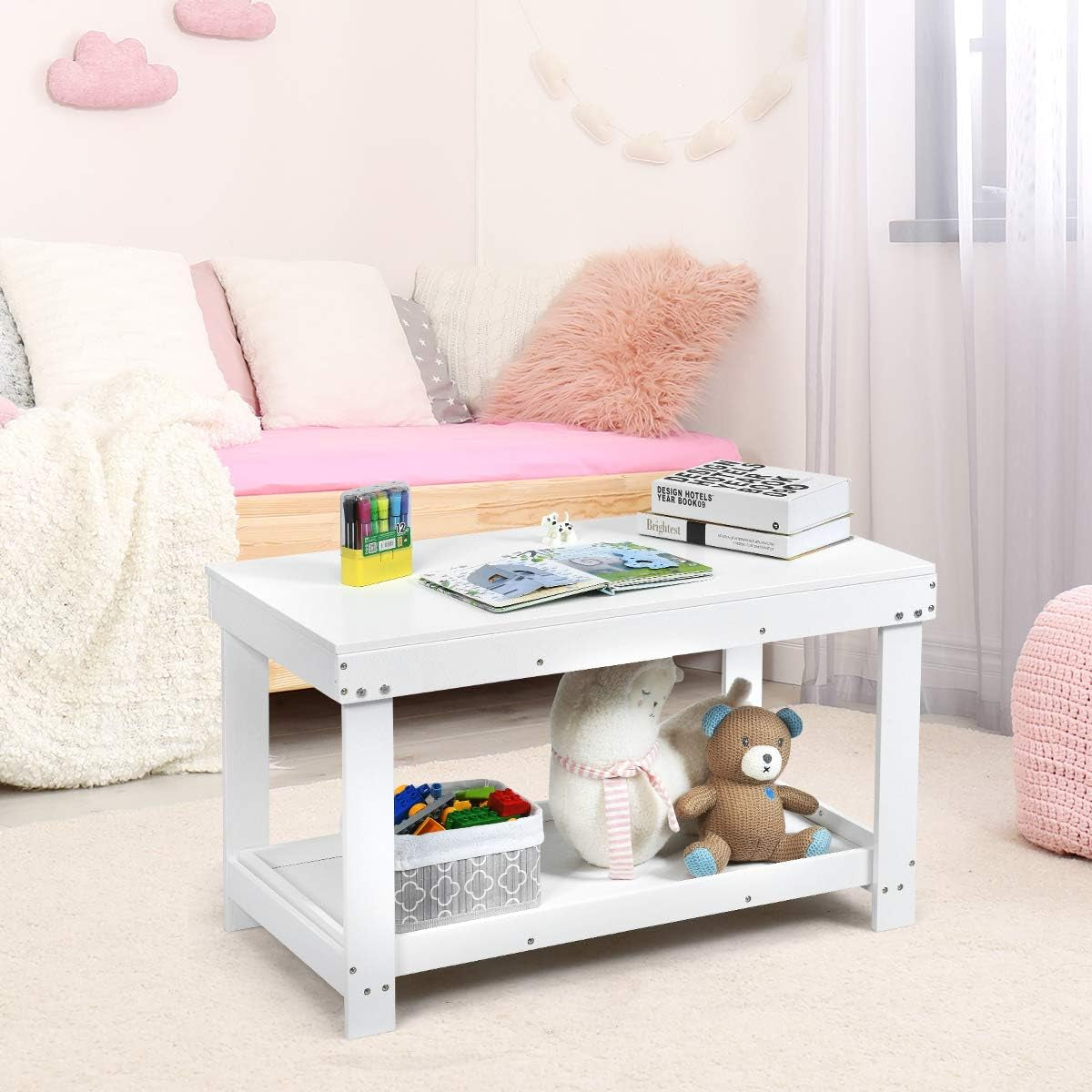 2 in 1 Kids Activity Table W/Storage, Patented Building Block Table W/Board for Bricks Crafts Arts Draw, Children Solid Wood Play Table Desk for Preschool Toddler Boy & Girl Gift, White