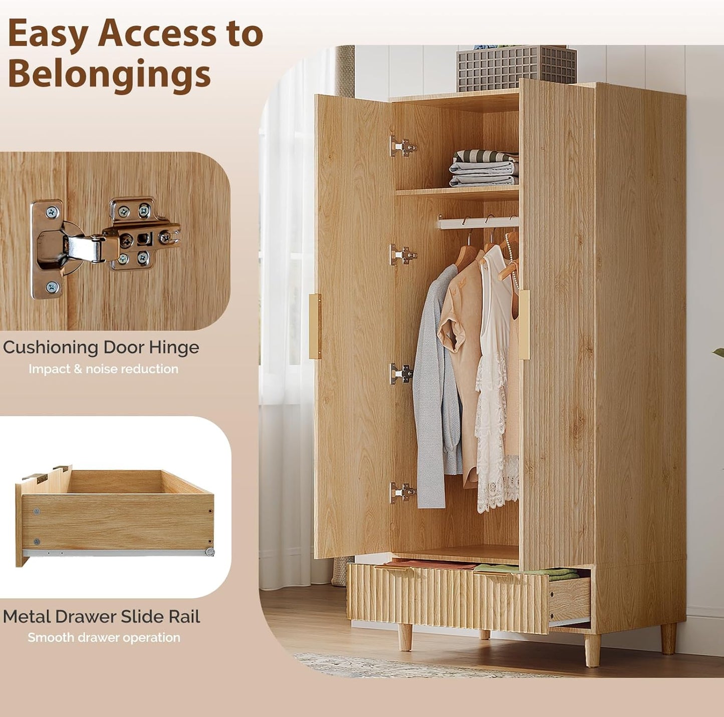 Fluted Wardrobe Closet Armoire with Doors and Drawers, Wardrobe Cabinet with Hanging Rack, Bedroom Closet Wood, Oak Free Standing Armoire with Shelf and Solid Wood Legs, 31.5"W*19.7"D*69.3"H