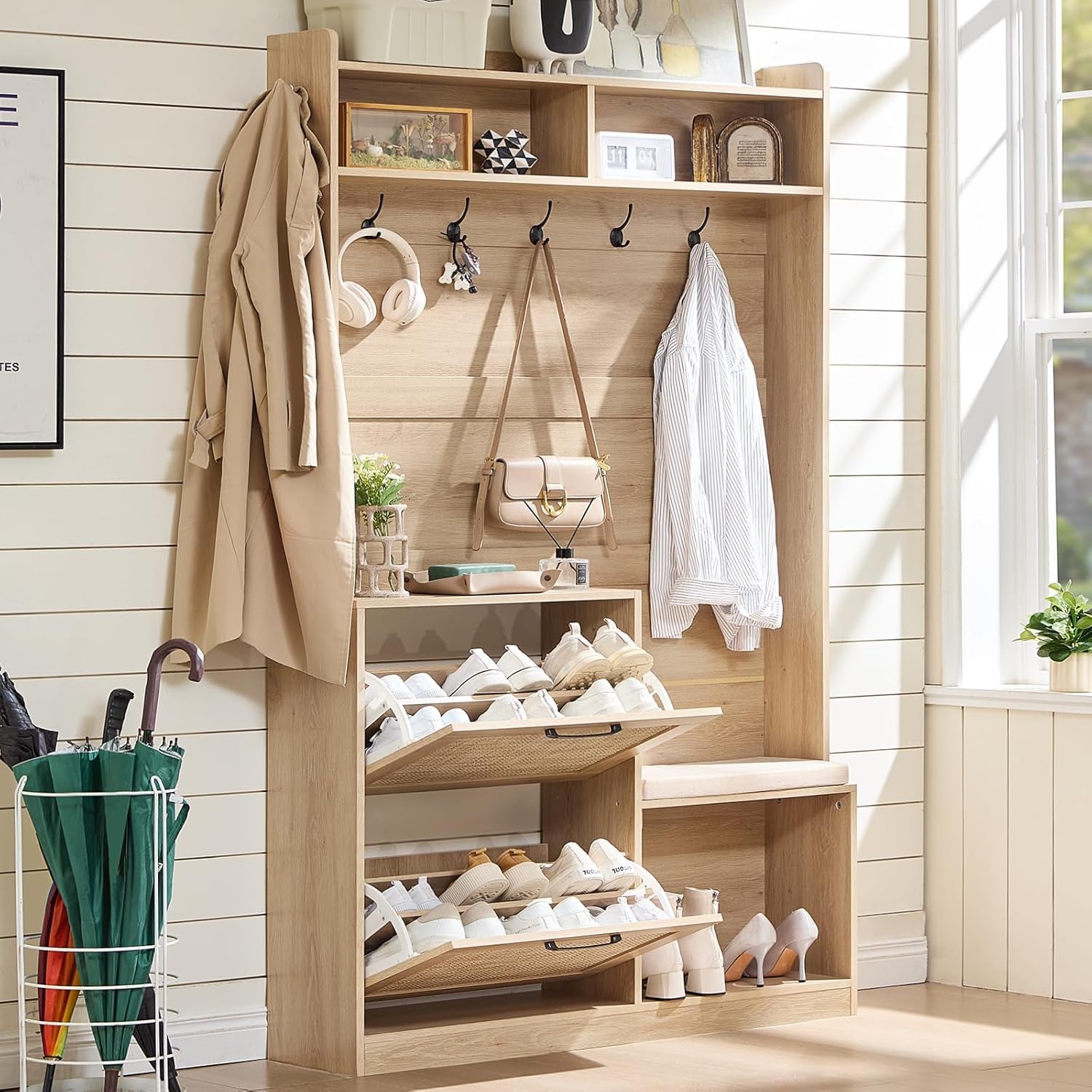 78" Tall Boho Hall Tree with Bench & Shoe Storage, 4-In-1 Mudroom Coat Rack with 2 Flip Rattan Drawers & Cushioned Stool, Entryway Hall Tree Cabinet with 6 Hooks for Garage, Natural Oak
