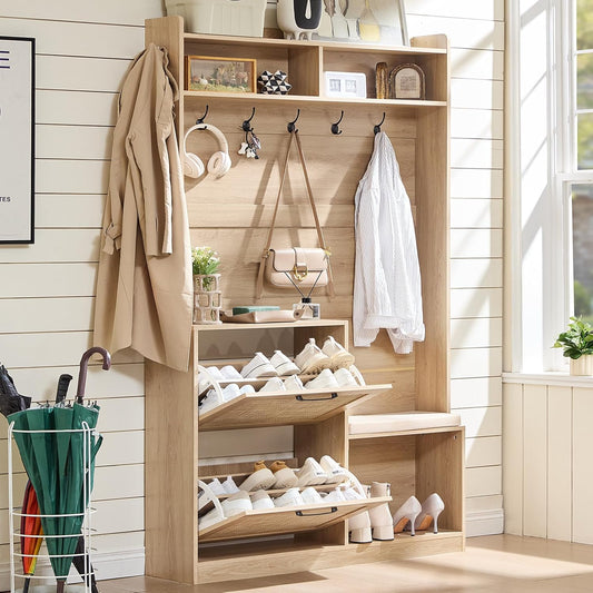 78" Tall Boho Hall Tree with Bench & Shoe Storage, 4-In-1 Mudroom Coat Rack with 2 Flip Rattan Drawers & Cushioned Stool, Entryway Hall Tree Cabinet with 6 Hooks for Garage, Natural Oak