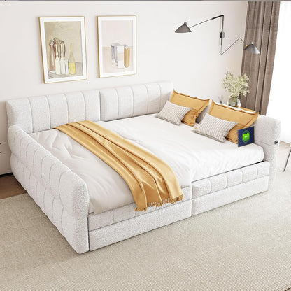Queen Size Upholstered Daybed Sofa Bed with 2 Drawers, Lambswool Upholstered Platform Bed with USB for Bedroom Living Room Guest Room (White-@045)