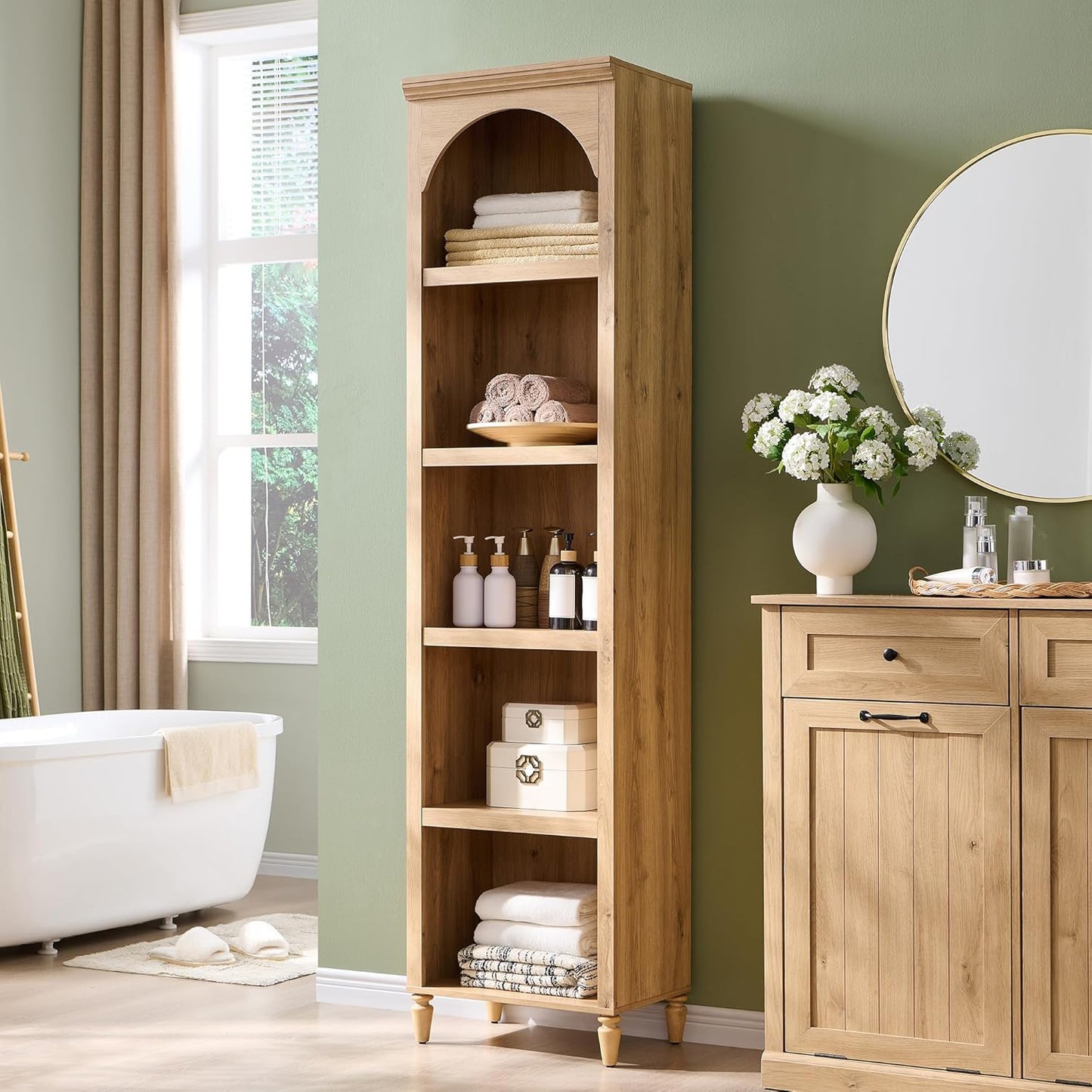 76" Tall Arched Bookcase, Farmhouse 5 Tiers Narrow Arched Bookshelf Cabinet with Adjustable Shelves, Modern Wooden Book Shelf W/Storage and Open Display Shelves for Living Room, Office-Natural