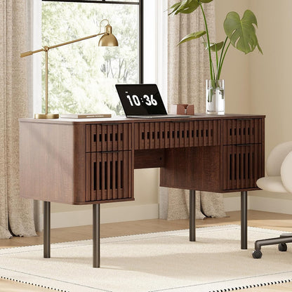 Fluted Executive Desk with Drawers, 54" Modern Writing Desk, Walnut