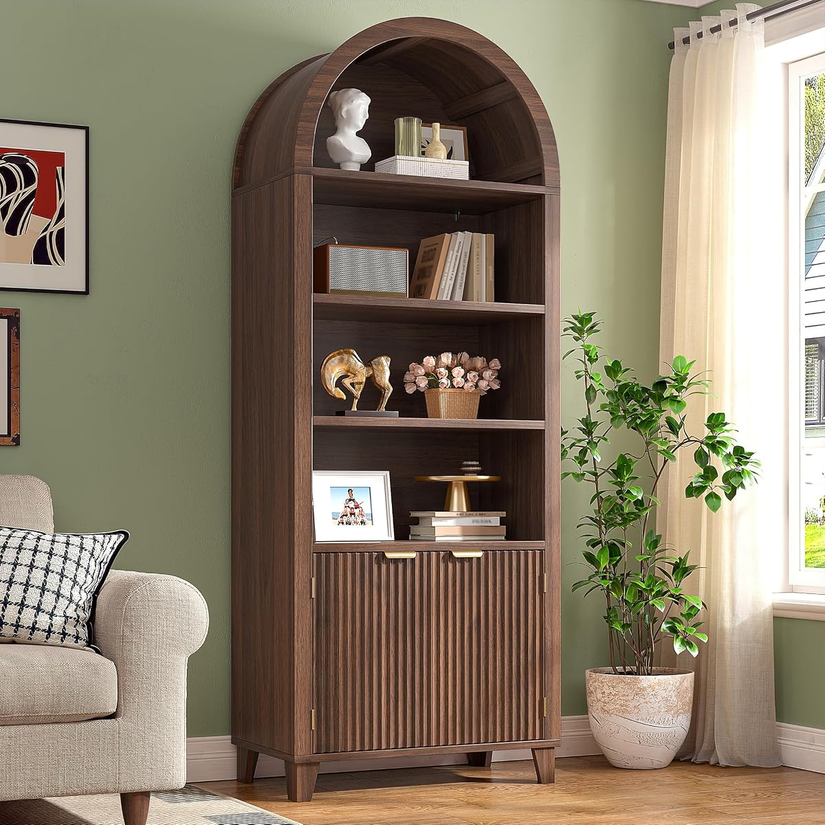 Arched Bookshelf, 6-Tier Storage Arched Cabine, Walnut