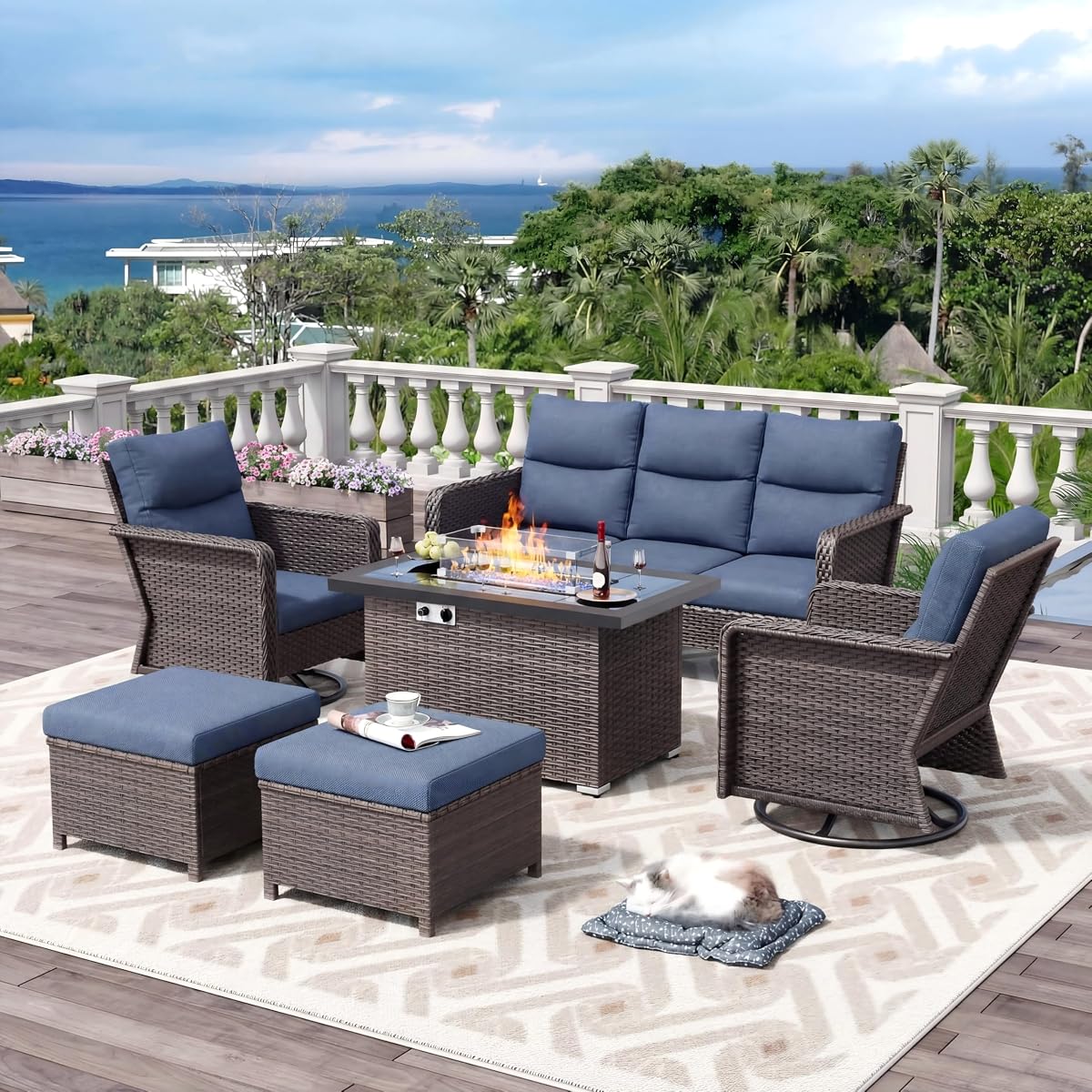7 Seats Outdoor Patio Furniture Set with 44" Gas Fire Pit Table, Wicker Swivel Rocking Chairs Conversation Sets with Cushion, High Back Sectional Sofa with Gilder Chair for Yard Garden Porch, Blue