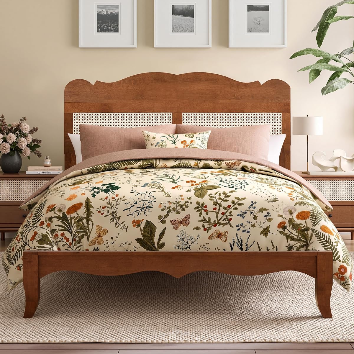 Queen Bed Frame with Headboard, Solid Wood Bedframe