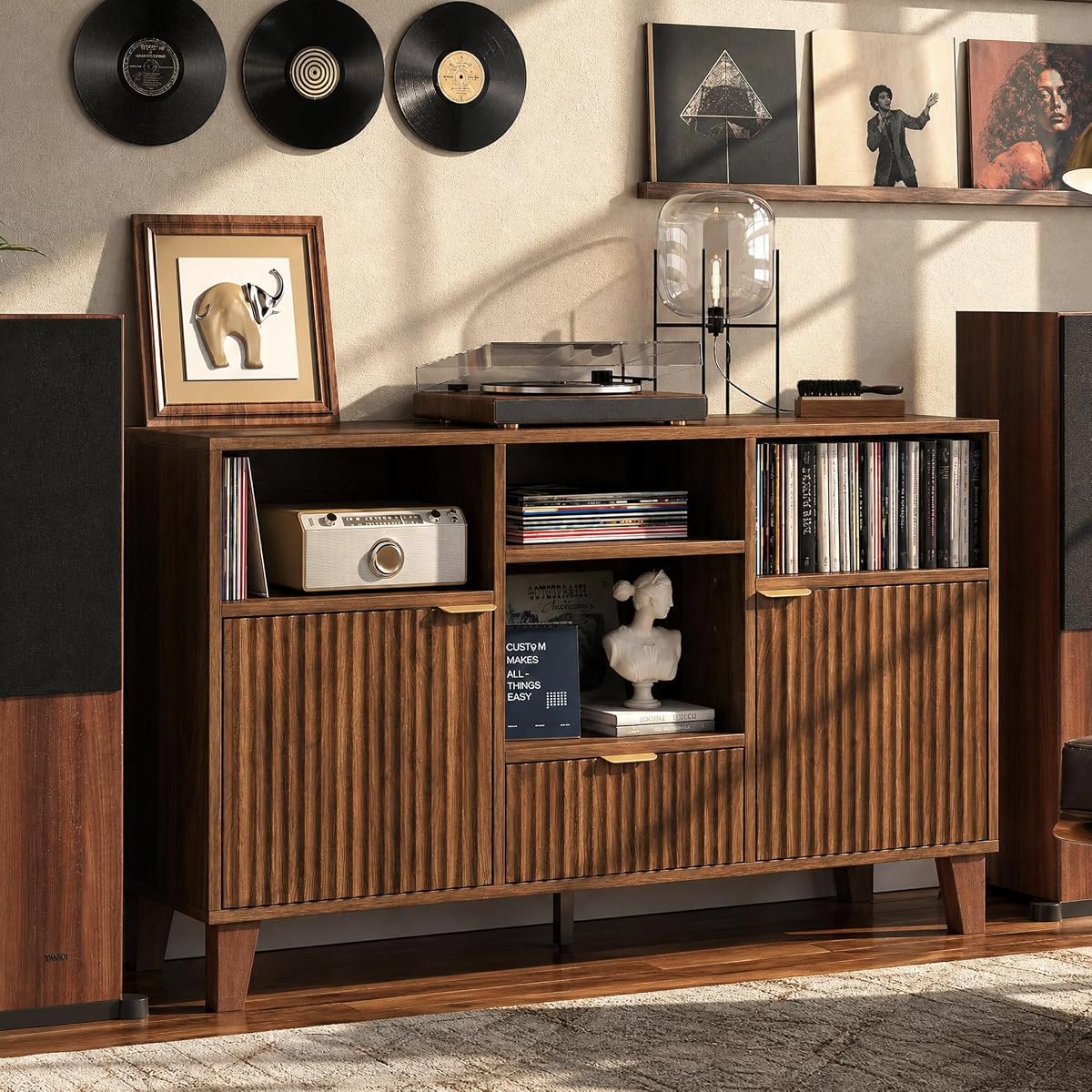 Large Round Record Player Stand with Vinyl Record Storage & Charging Station