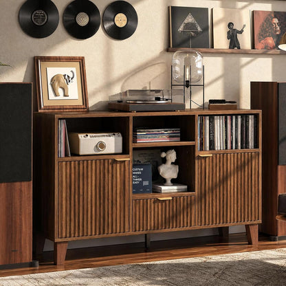 Large Round Record Player Stand with Vinyl Record Storage & Charging Station