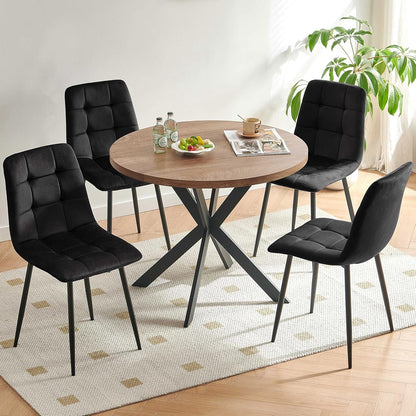 37-Inch Round Kitchen Dining Room Table Set for 4, Modern Mid-Century Brown Dining Table with Black Velvet Chairs Set, Small Dining Set for Restaurant/Dining Hall