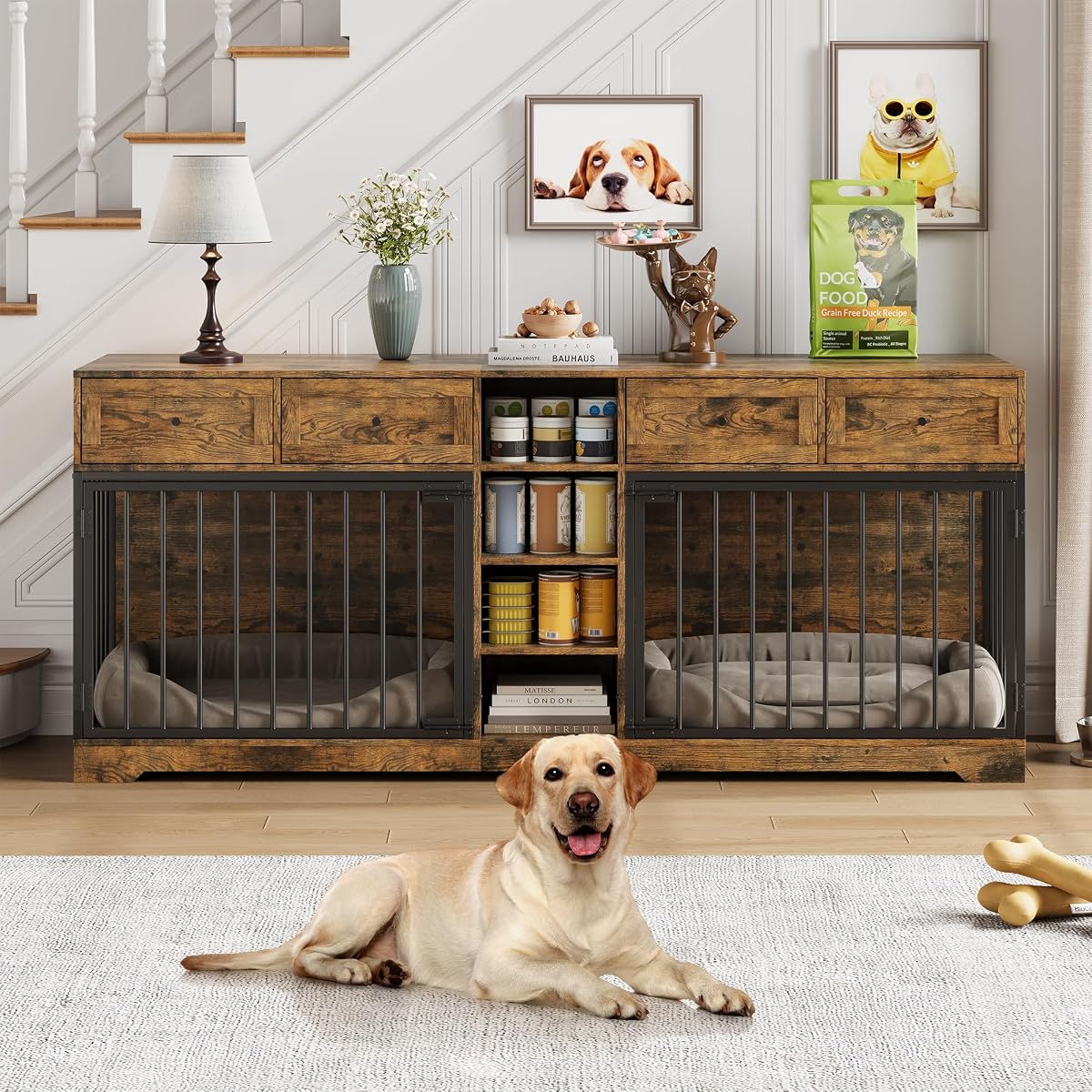 82" Double Dog Crate Furniture with Drawers and Shelves, Brown