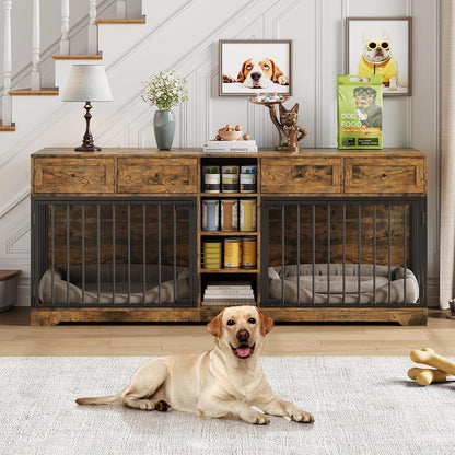 82" Double Dog Crate Furniture with Drawers and Shelves, Brown