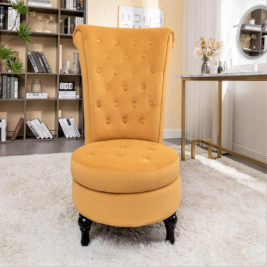 Royal High-Back Velvet Accent Chair for Vanity with Storage and Luxurious Upholstery, Retro Design and Versatile Usage for Livingroom, Bedroom, Lounge and Office, Yellow