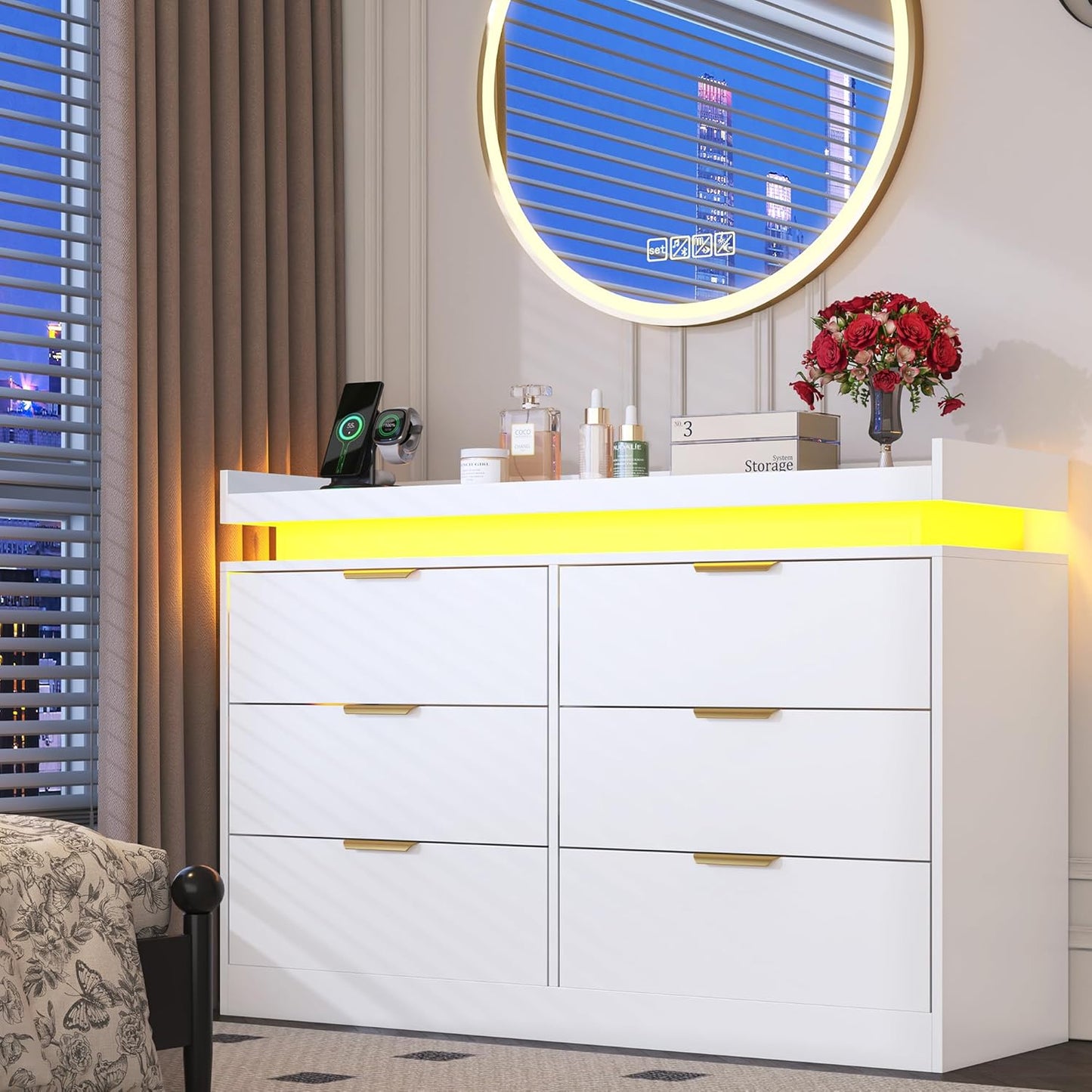 6 Drawer Dresser for Bedroom, White Dresser with LED Lights and Power Outlet, Modern Chest of Drawers for Closet, Double Wide Drawer Organizer Cabinet for Bedroom, Living Room, Entryway, Hallway
