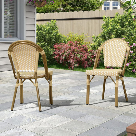 Bistro Chair (Set of 2) French Hand-Woven Wicker Chairs for Outdoor Patio Porch Garden Indoor, Bamboo Print Finish, Cream Yellow, Dining Chairs