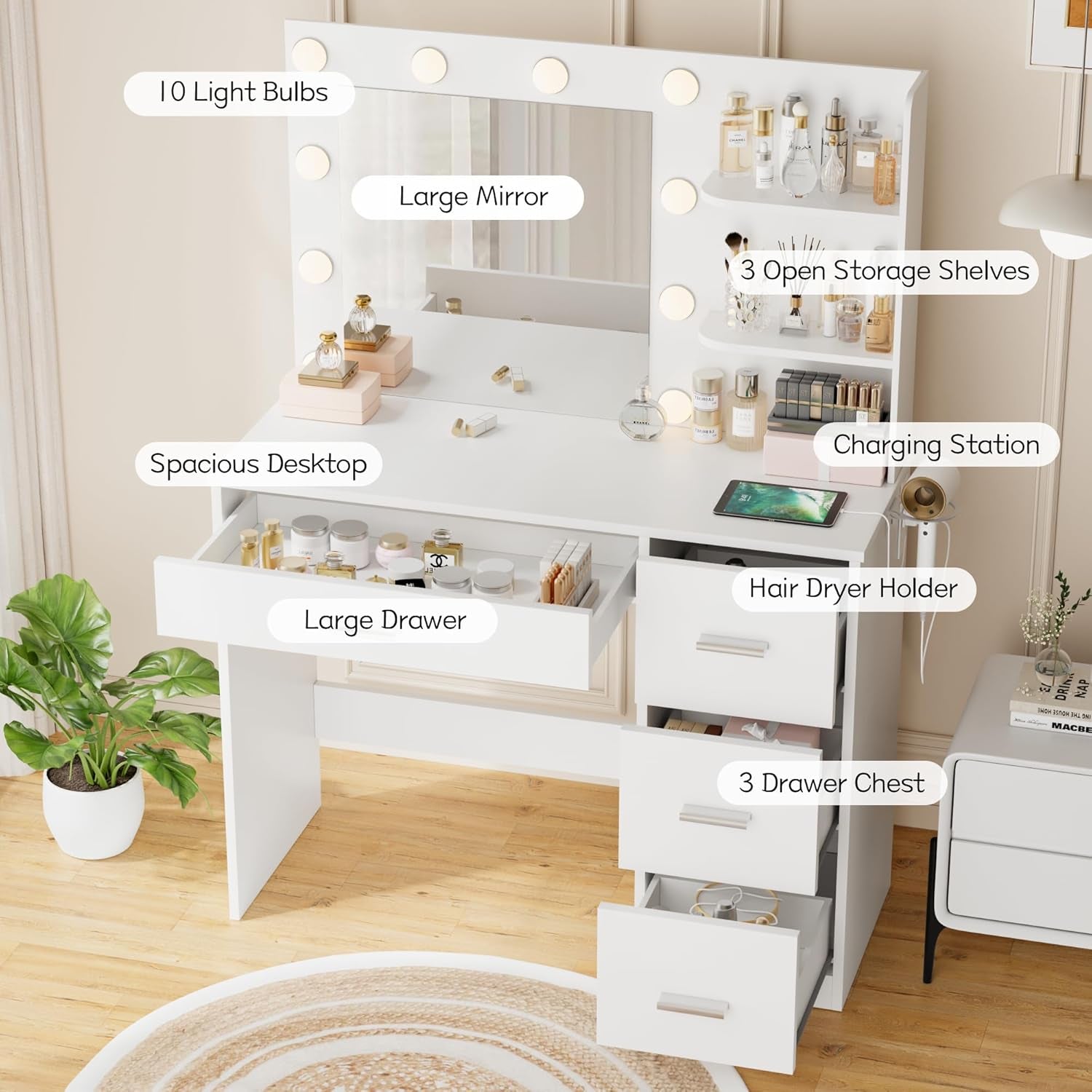 Vanity Desk with Mirror, 10 Lights, Power Outlet and 3 Storage Shelves, Makeup Table with 4 Drawers, 3 Color Modes, for Bedroom, White