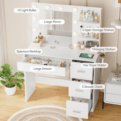 Vanity Desk with Mirror, 10 Lights, Power Outlet and 3 Storage Shelves, Makeup Table with 4 Drawers, 3 Color Modes, for Bedroom, White