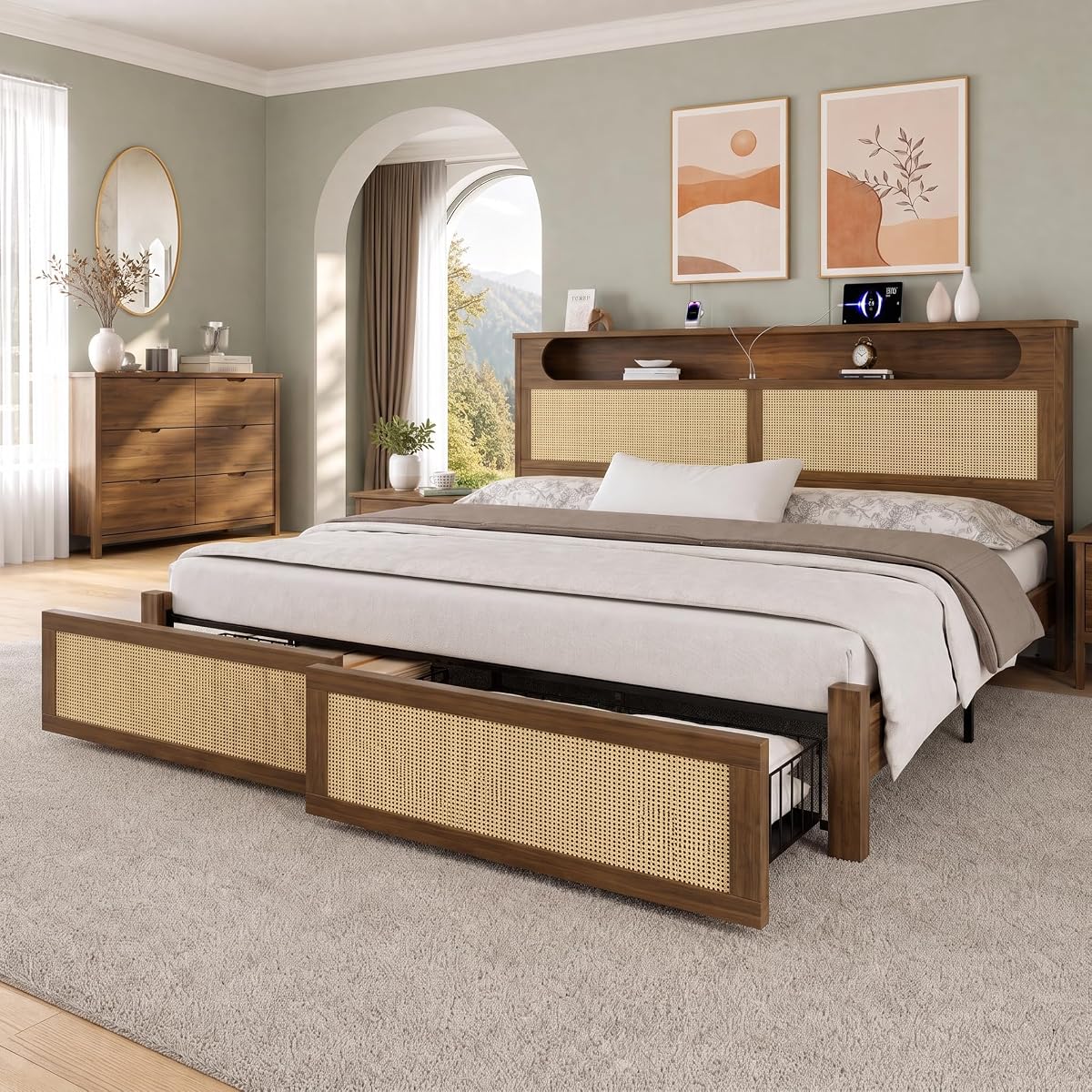 King Size Rattan Bed Frame with 2 Storage Drawers, Wood Bed, Brown