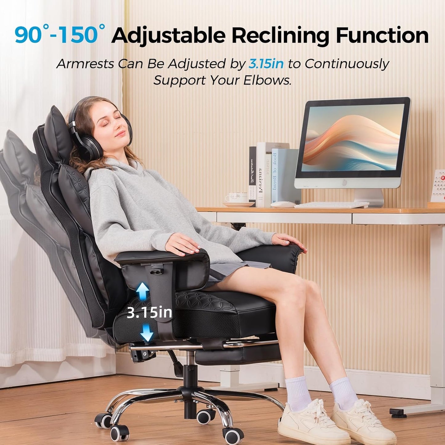 Big and Tall Office Chair Heavy Duty Wide Ergonomic Gaming Chair with Deluxe Embossing Designed Leather with Foot Rest,150°Reclining Adjustable Armrests Pocket Spring Back Support and Pillow