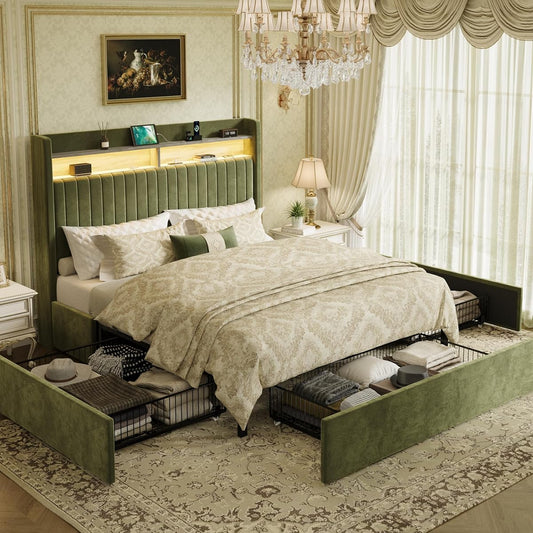 Queen Upholstered Platform Bed Frame with 3 Spacious Storage Drawers
