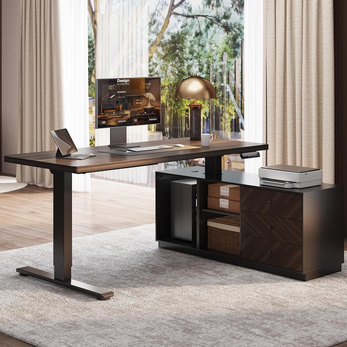 FLEXISPOT 55" L Shaped Standing Desk with Storage & CPU Holder, Dual Motor Height Adjustable Executive Desk, 222 LBS Capacity, 1" Thick Desktop for Home Office, Black Walnut, 3 Packages