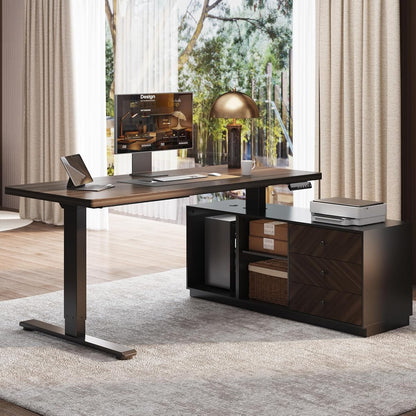FLEXISPOT 55" L Shaped Standing Desk with Storage & CPU Holder, Dual Motor Height Adjustable Executive Desk, 222 LBS Capacity, 1" Thick Desktop for Home Office, Black Walnut, 3 Packages