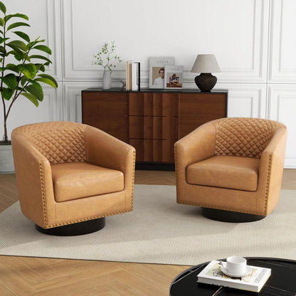 Swivel Barrel Accent Chair, Comfy Modern Upholstered Round Faux Leather Arm Chair for Living Room, Bedroom（Coffee, Set of 2
