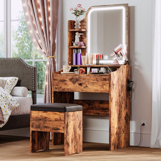 Small Vanity Desk with Mirror Lights and Storage Stool