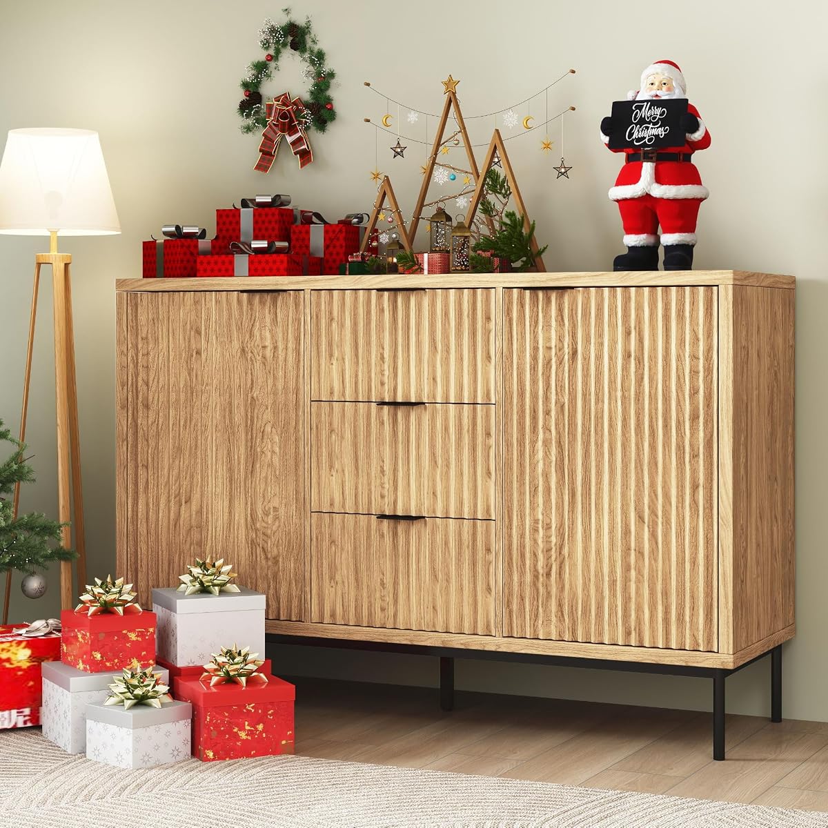 Sideboard Buffet Cabinet with Storage, Modern Fluted Cabinet with 2 Doors 3 Drawers, Coffee Bar Accent Storage Credenza, for Kitchen, Living, Dinning Room, Oak