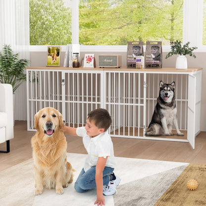 86.7" Double Dog Crate Furniture for 2 Large Dogs, Heavy Duty Wooden Dog Kennel with Removable Divider, XXL Dog Cage TV Stand End Table with 4 Doors, Double Locks for Each Door, White/Natural